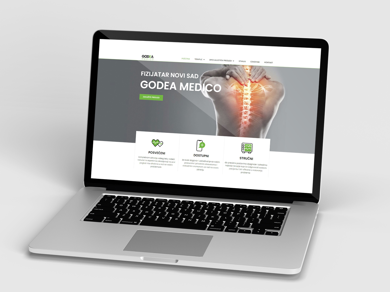 Prikaz odrađenog sajta Godea Medico, prikazan na laptopu.
